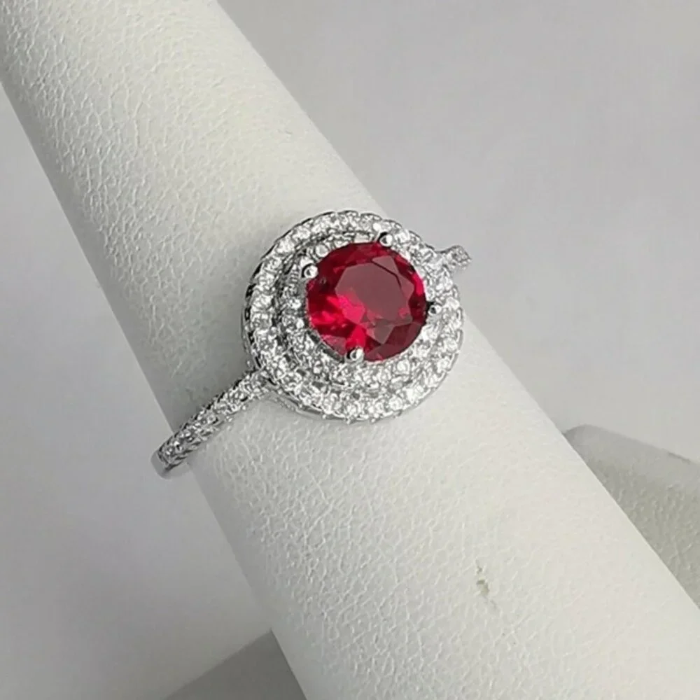 Lab Created Ruby CZ Halo  Ring Size 6